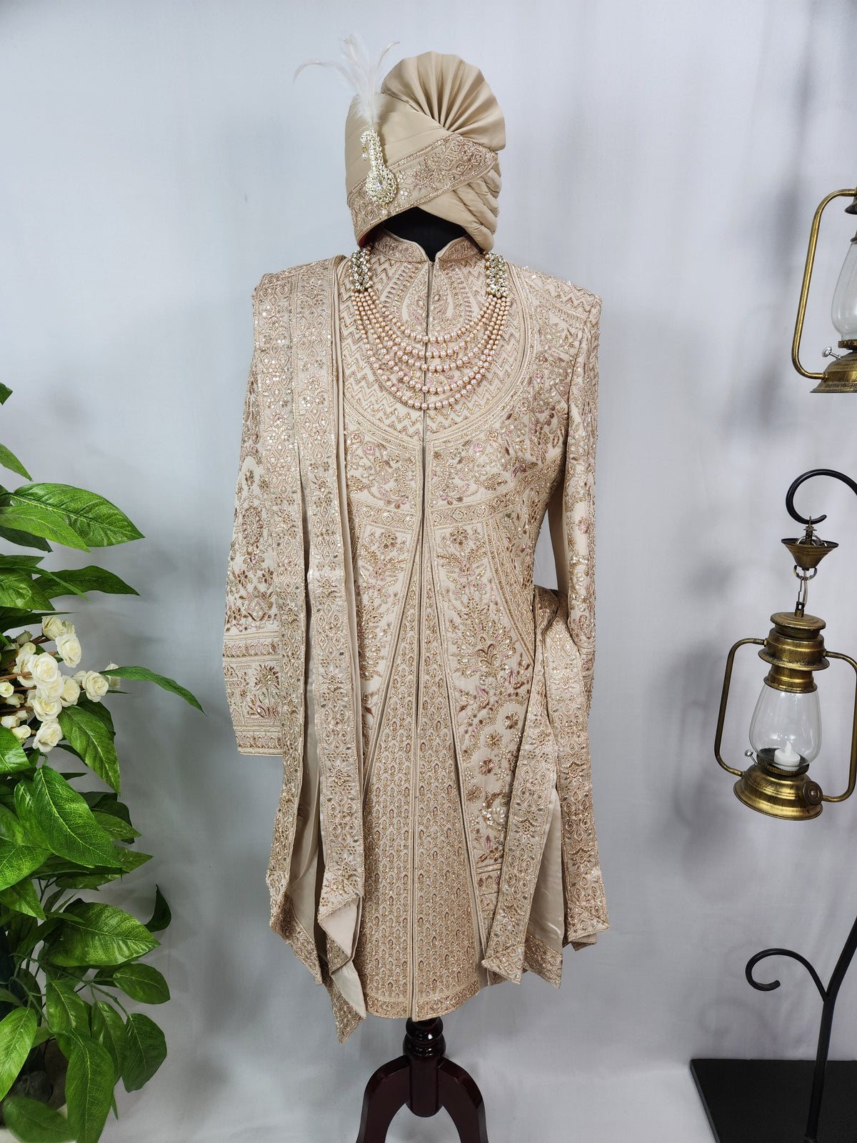 Champagne Golden Wedding Groom Sherwani - Layered Embroidery Design  | Sherwani For Men