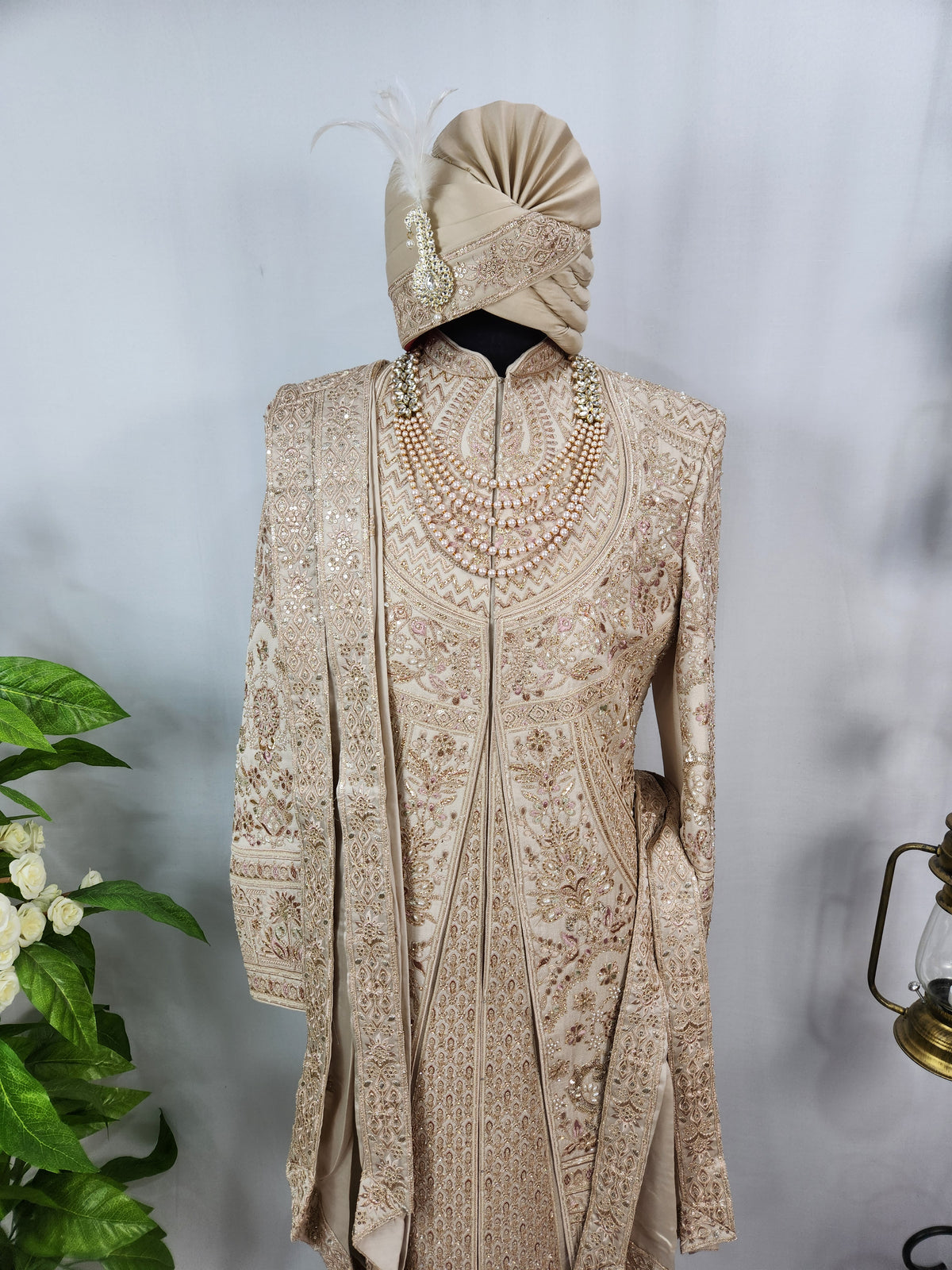 Champagne Golden Wedding Groom Sherwani - Layered Embroidery Design  | Sherwani For Men