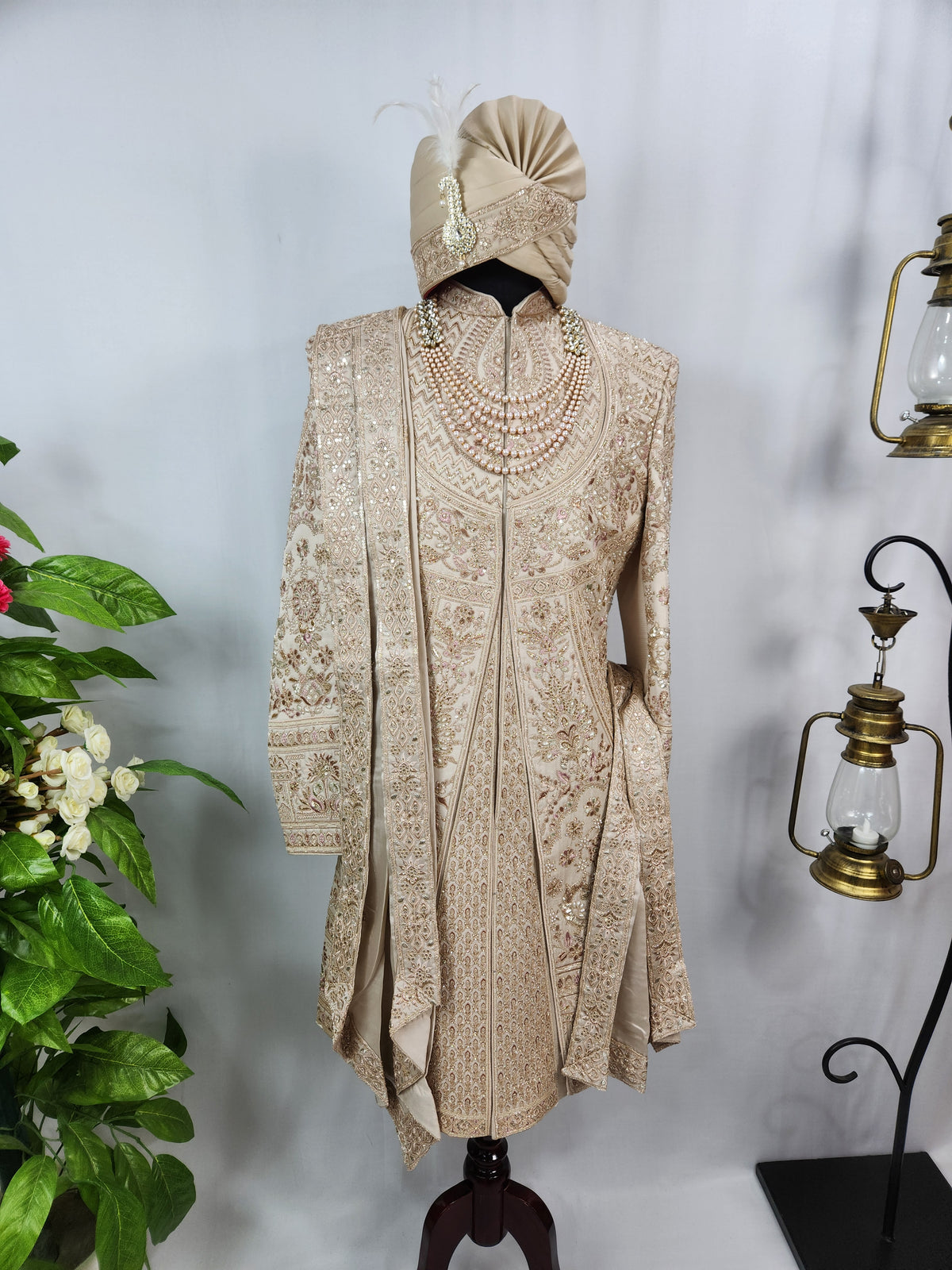 Champagne Golden Wedding Groom Sherwani - Layered Embroidery Design  | Sherwani For Men
