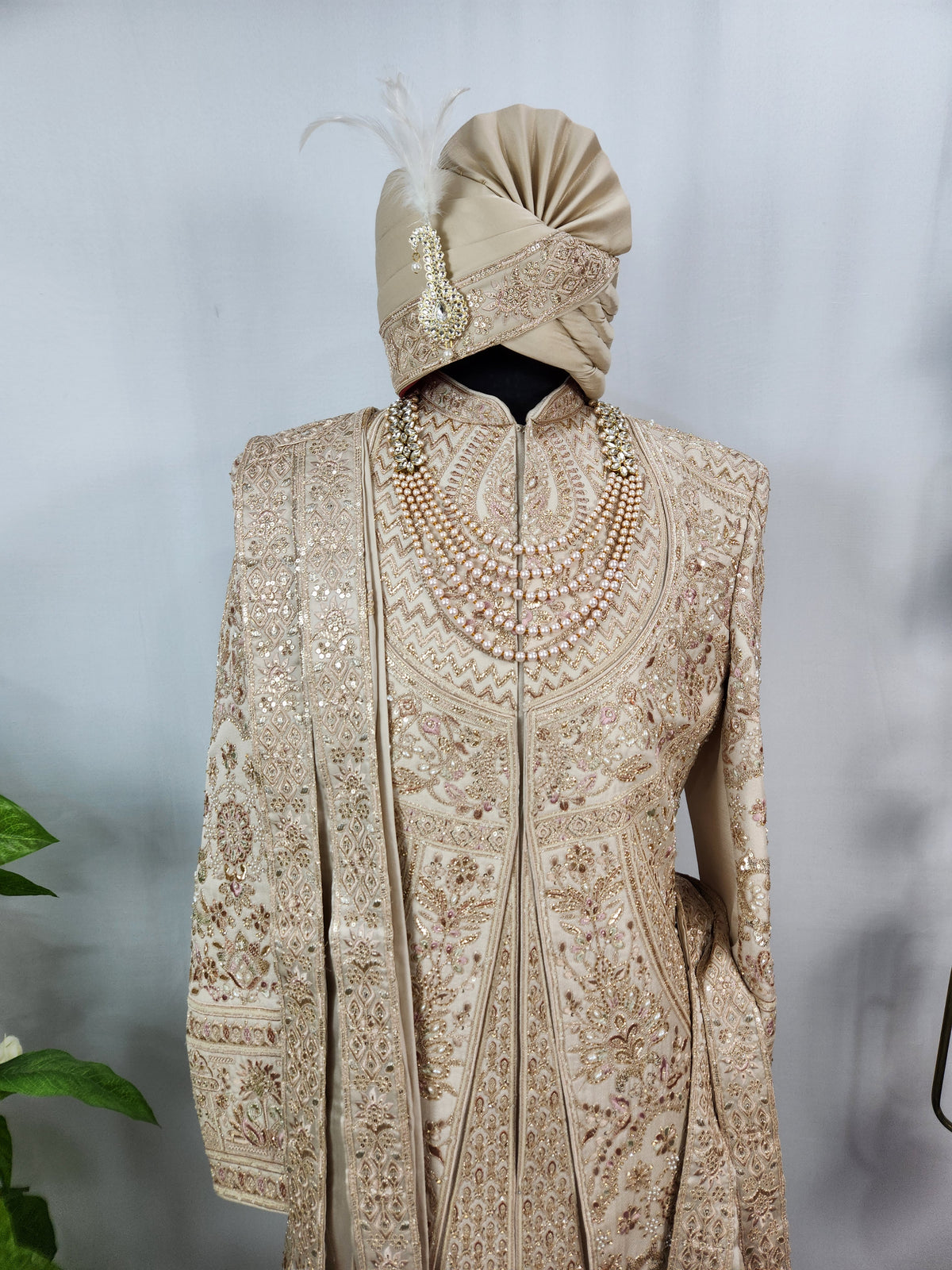 Champagne Golden Wedding Groom Sherwani - Layered Embroidery Design  | Sherwani For Men
