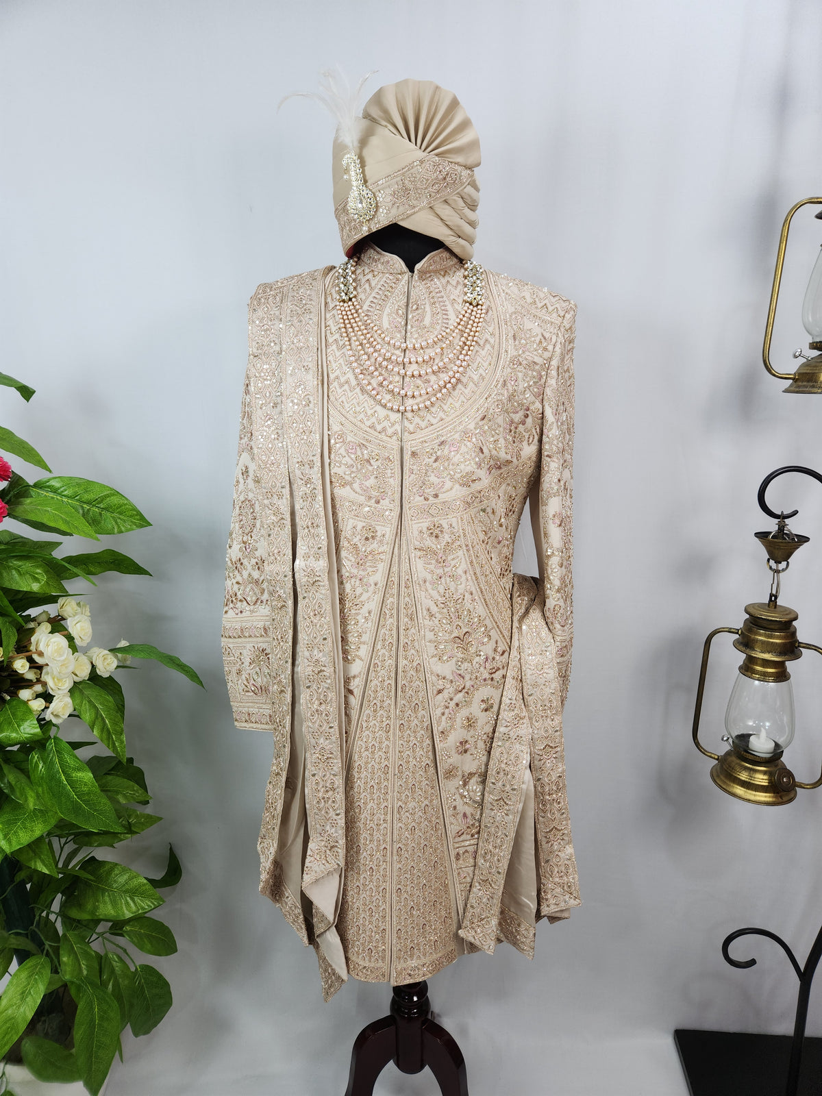 Champagne Golden Wedding Groom Sherwani - Layered Embroidery Design  | Sherwani For Men
