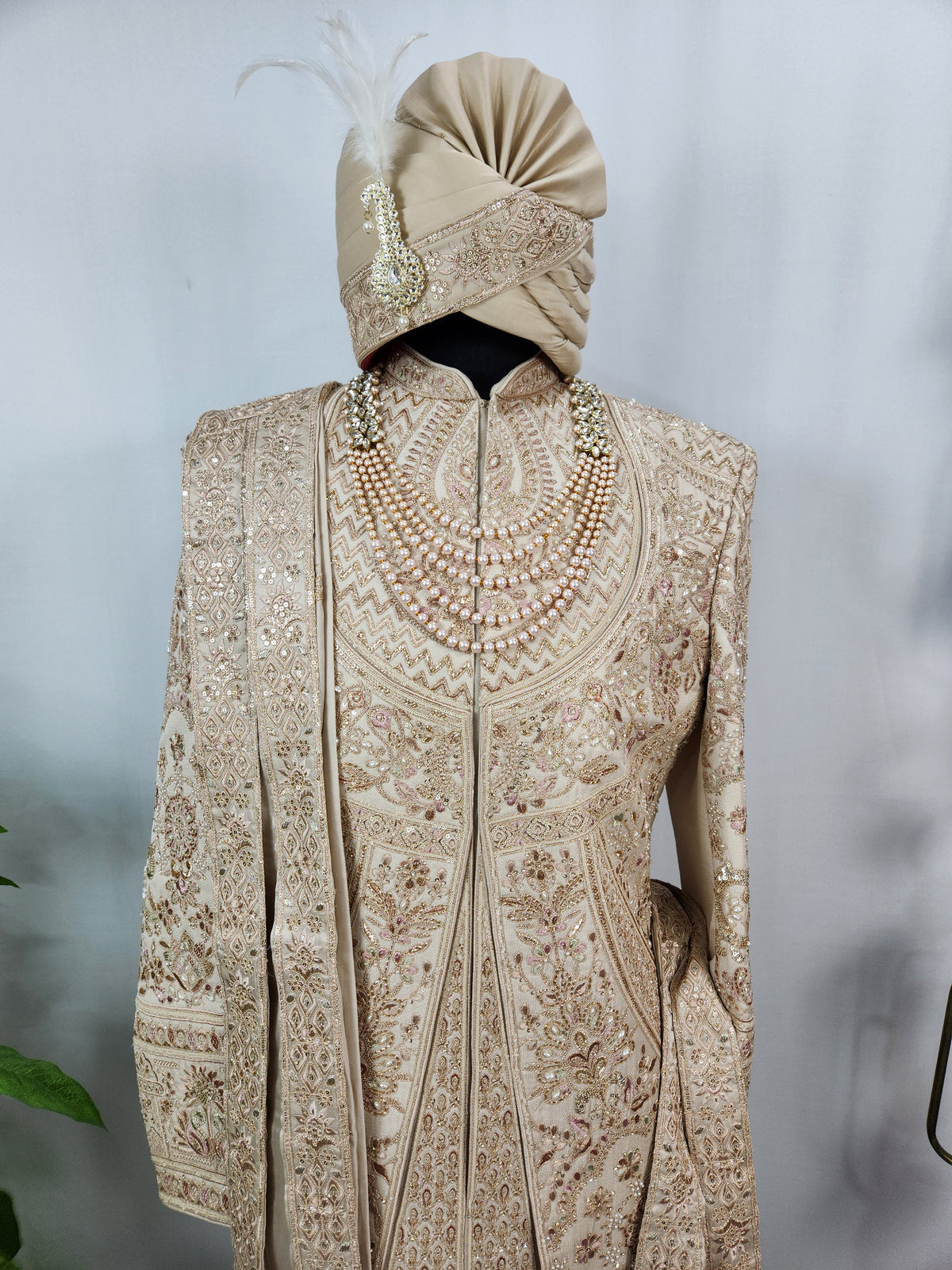 Champagne Golden Wedding Groom Sherwani - Layered Embroidery Design  | Sherwani For Men