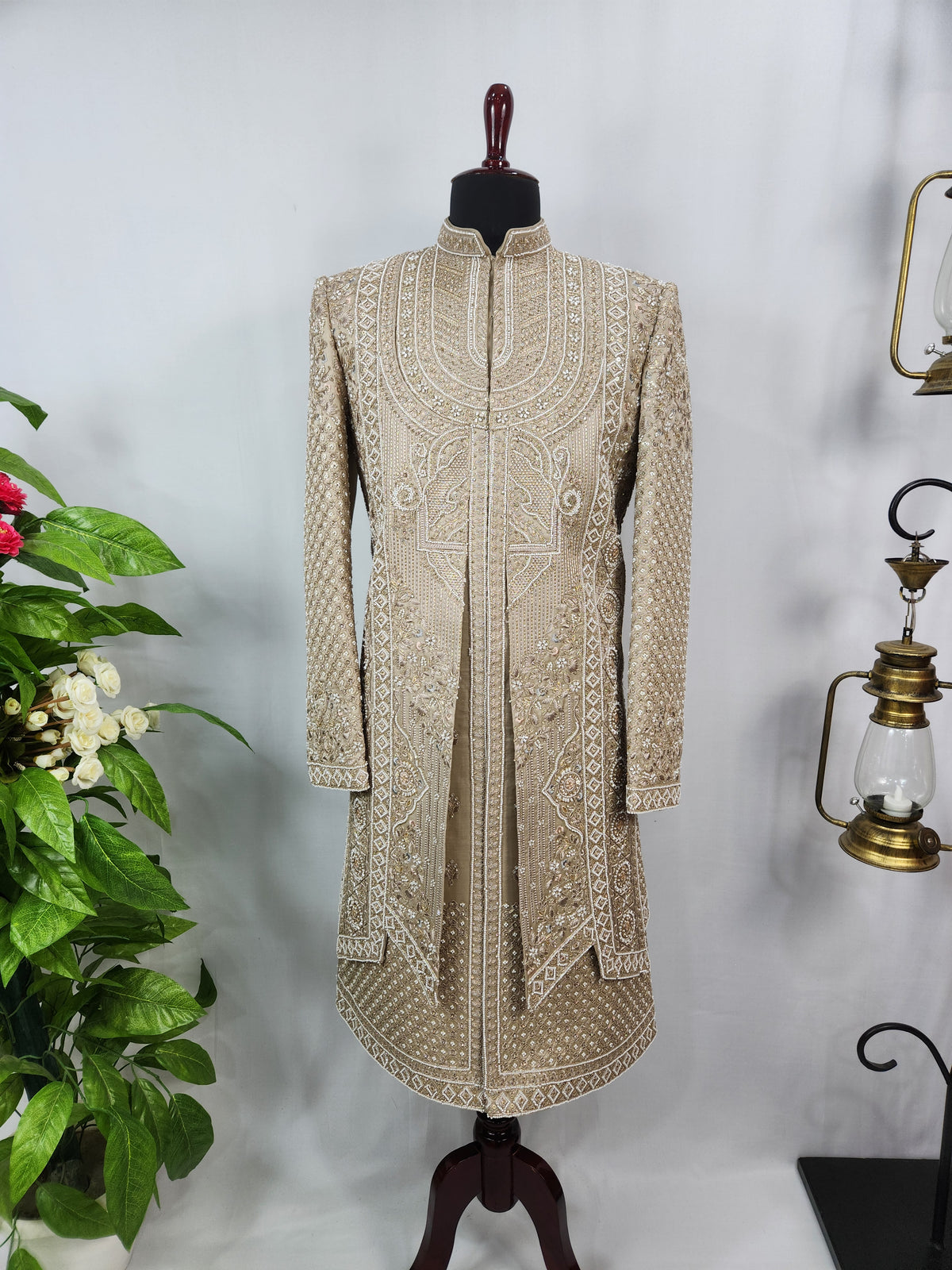 Golden Brown Groom Sherwani - Beads Studded Layered Style | Sherwani For Men