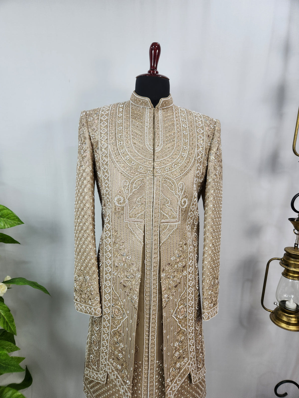 Golden Brown Groom Sherwani - Beads Studded Layered Style | Sherwani For Men