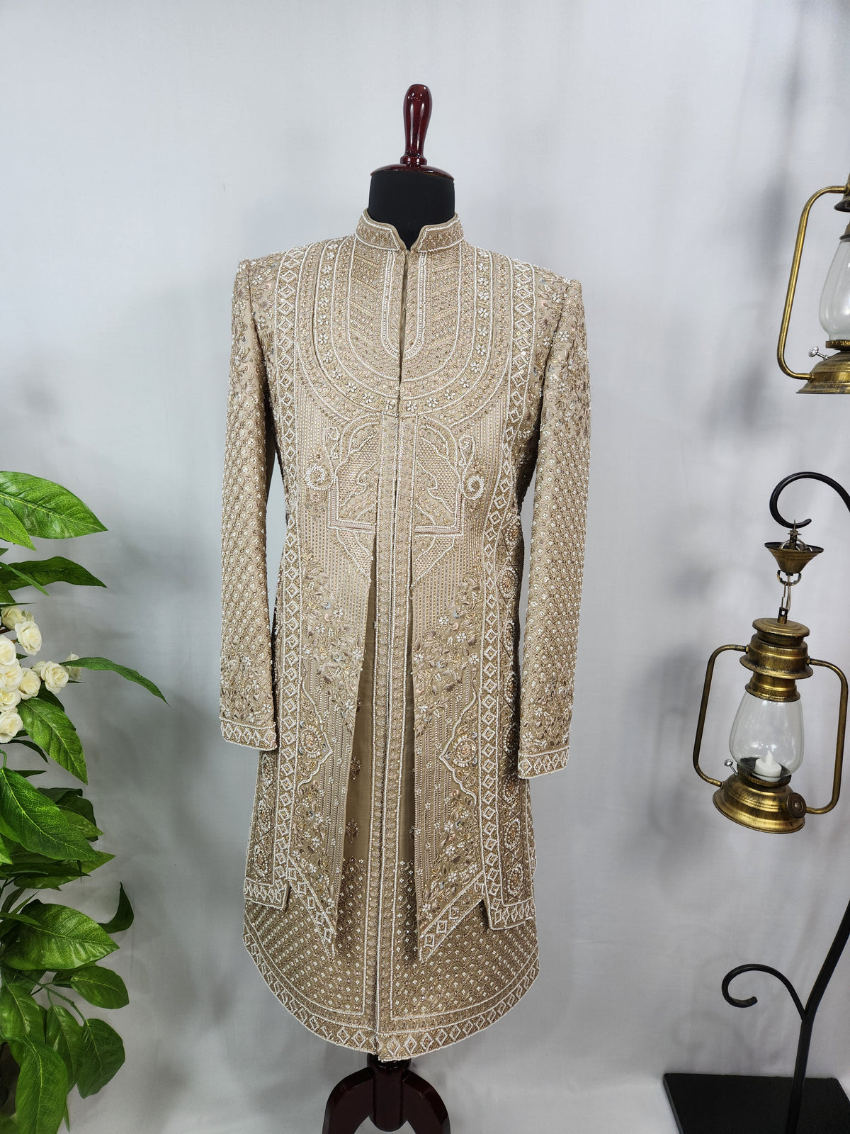 Golden Brown Groom Sherwani - Beads Studded Layered Style | Sherwani For Men