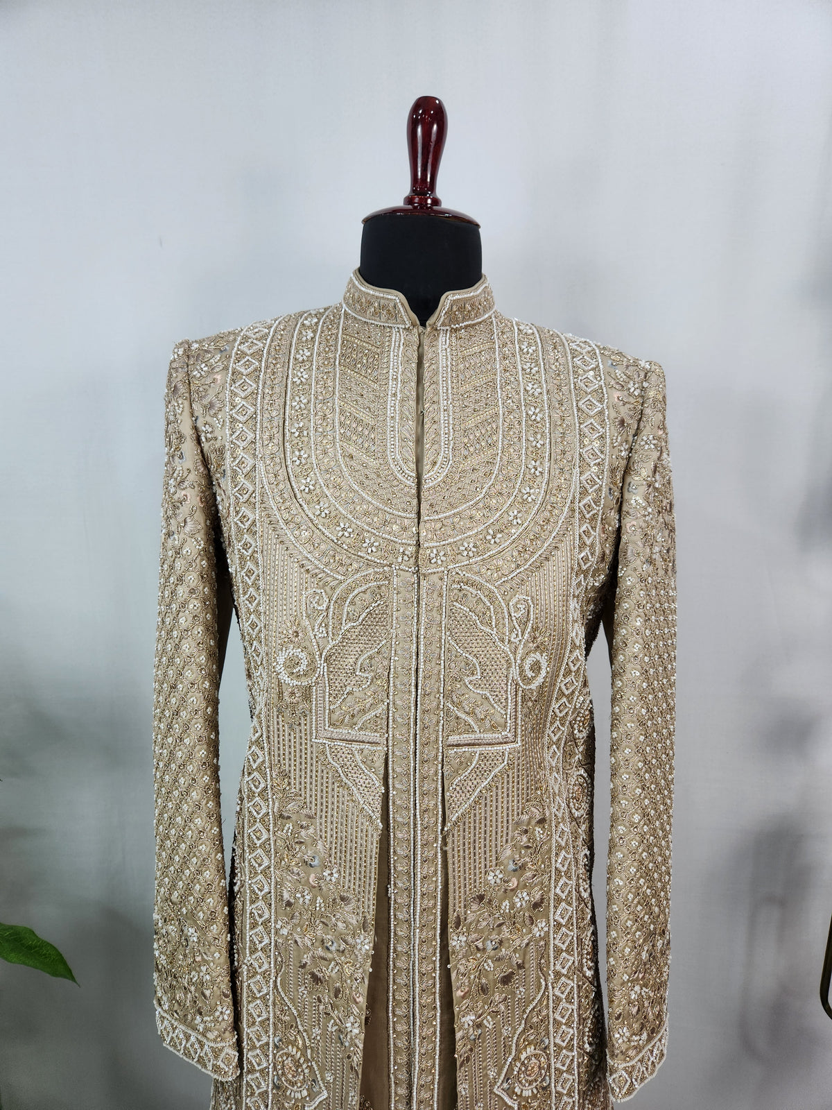 Golden Brown Groom Sherwani - Beads Studded Layered Style | Sherwani For Men