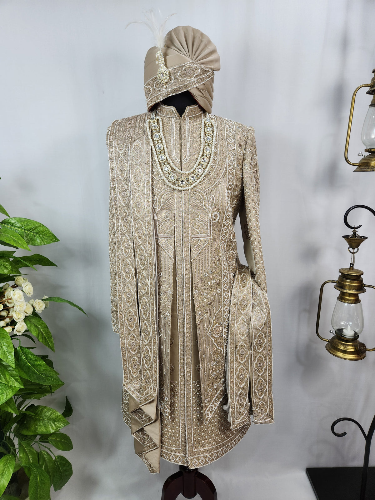 Golden Brown Groom Sherwani - Beads Studded Layered Style | Sherwani For Men