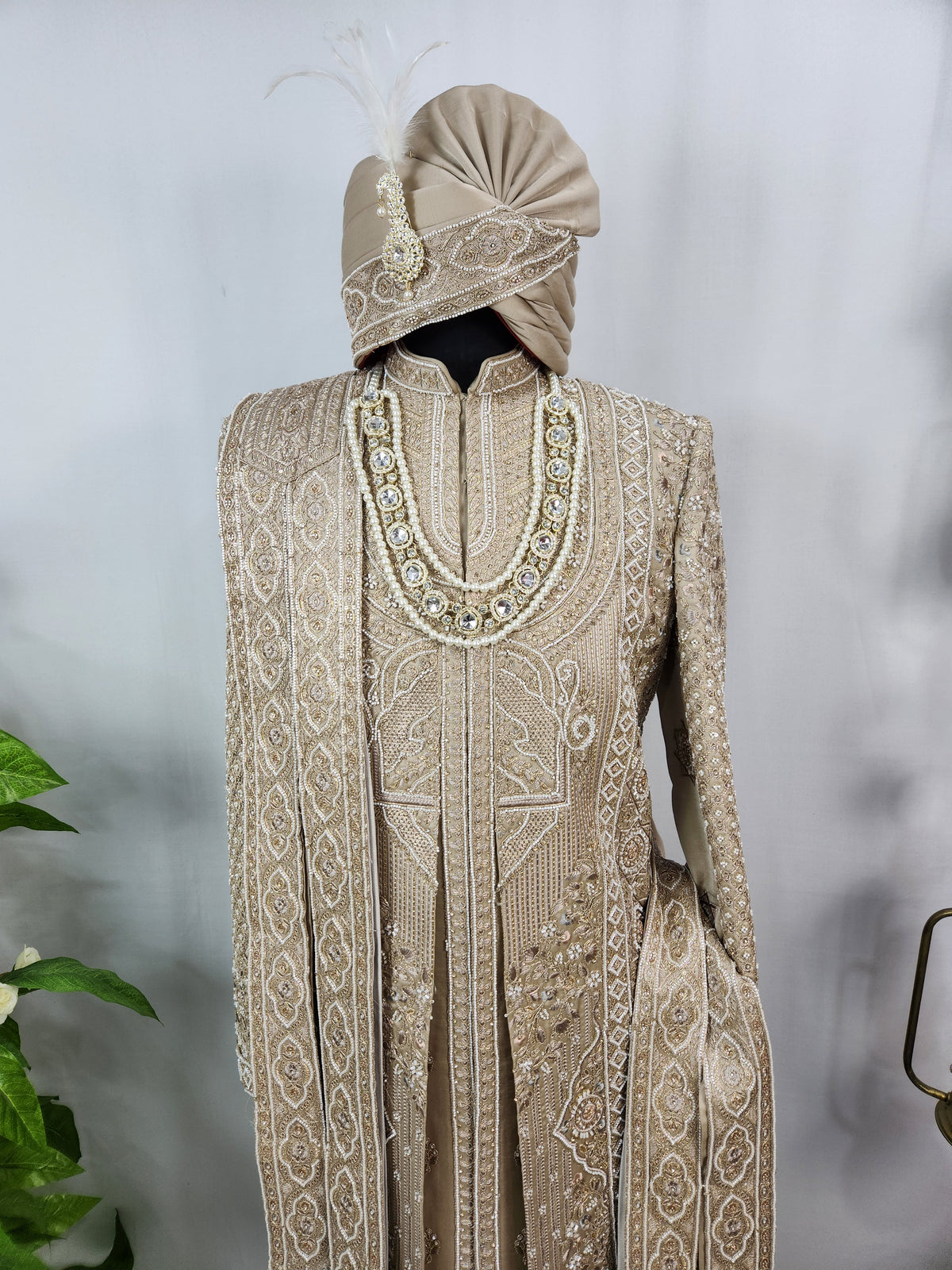 Golden Brown Groom Sherwani - Beads Studded Layered Style | Sherwani For Men