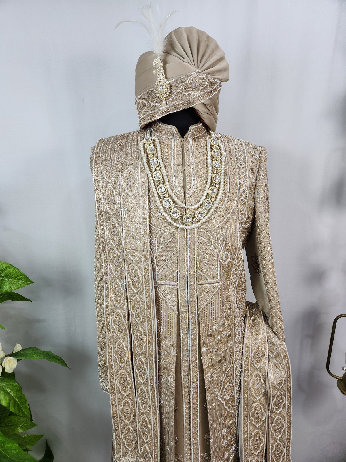 Golden Brown Groom Sherwani - Beads Studded Layered Style | Sherwani For Men