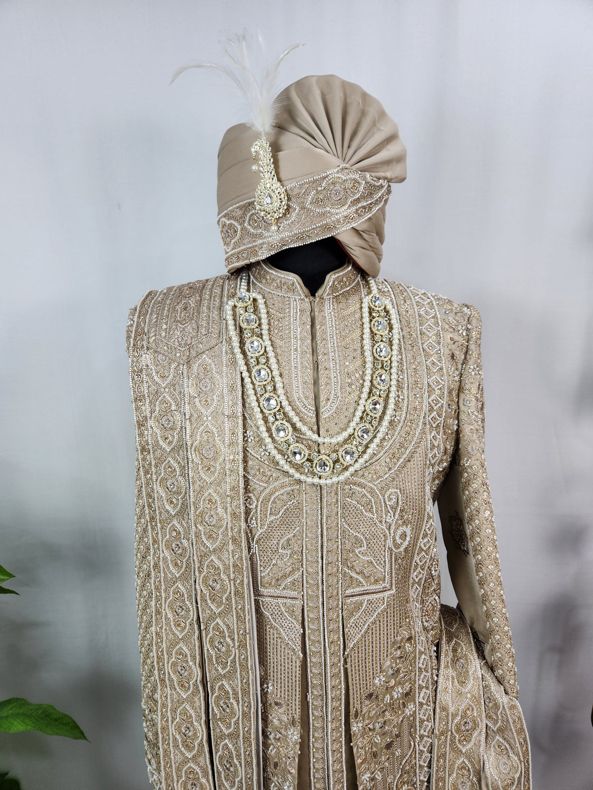 Golden Brown Groom Sherwani - Beads Studded Layered Style | Sherwani For Men