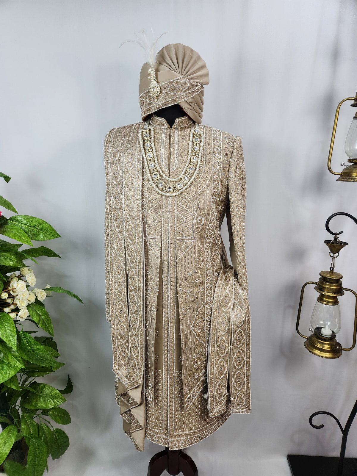 Golden Brown Groom Sherwani - Beads Studded Layered Style | Sherwani For Men