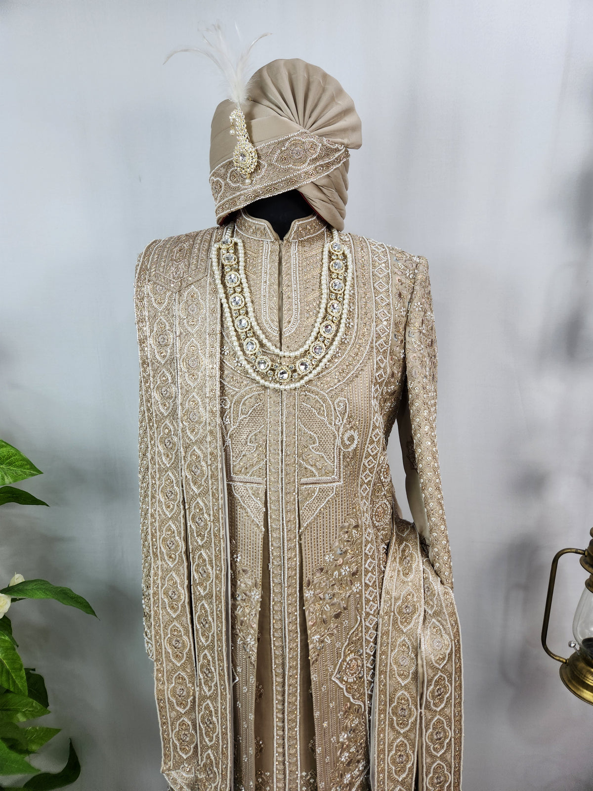 Golden Brown Groom Sherwani - Beads Studded Layered Style | Sherwani For Men