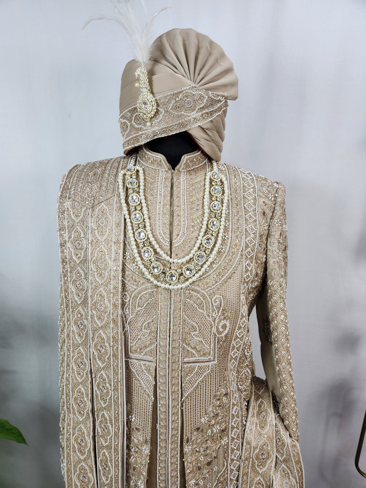 Golden Brown Groom Sherwani - Beads Studded Layered Style | Sherwani For Men
