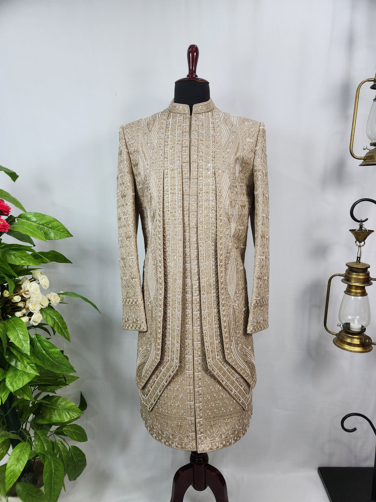 Golden Brown Groom Sherwani - Beads Studded Triple Layered Style | Sherwani For Men
