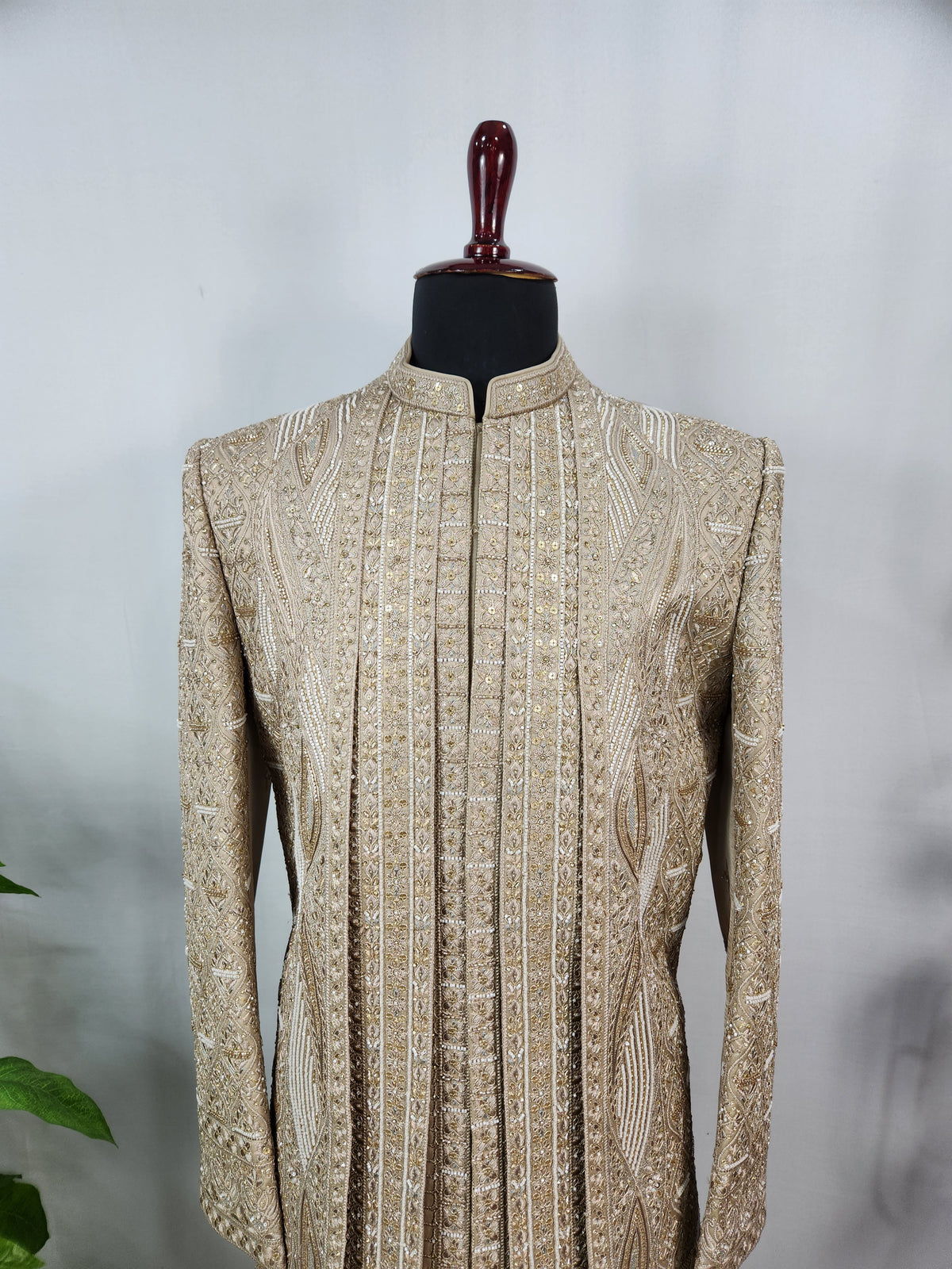 Golden Brown Groom Sherwani - Beads Studded Triple Layered Style | Sherwani For Men