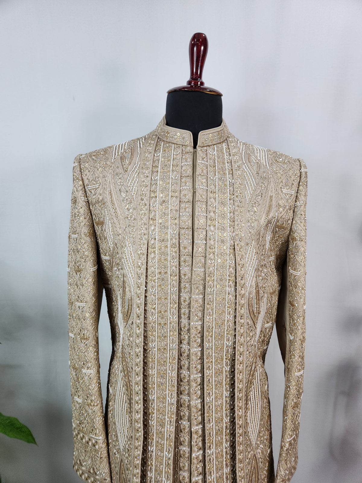 Golden Brown Groom Sherwani - Beads Studded Triple Layered Style | Sherwani For Men