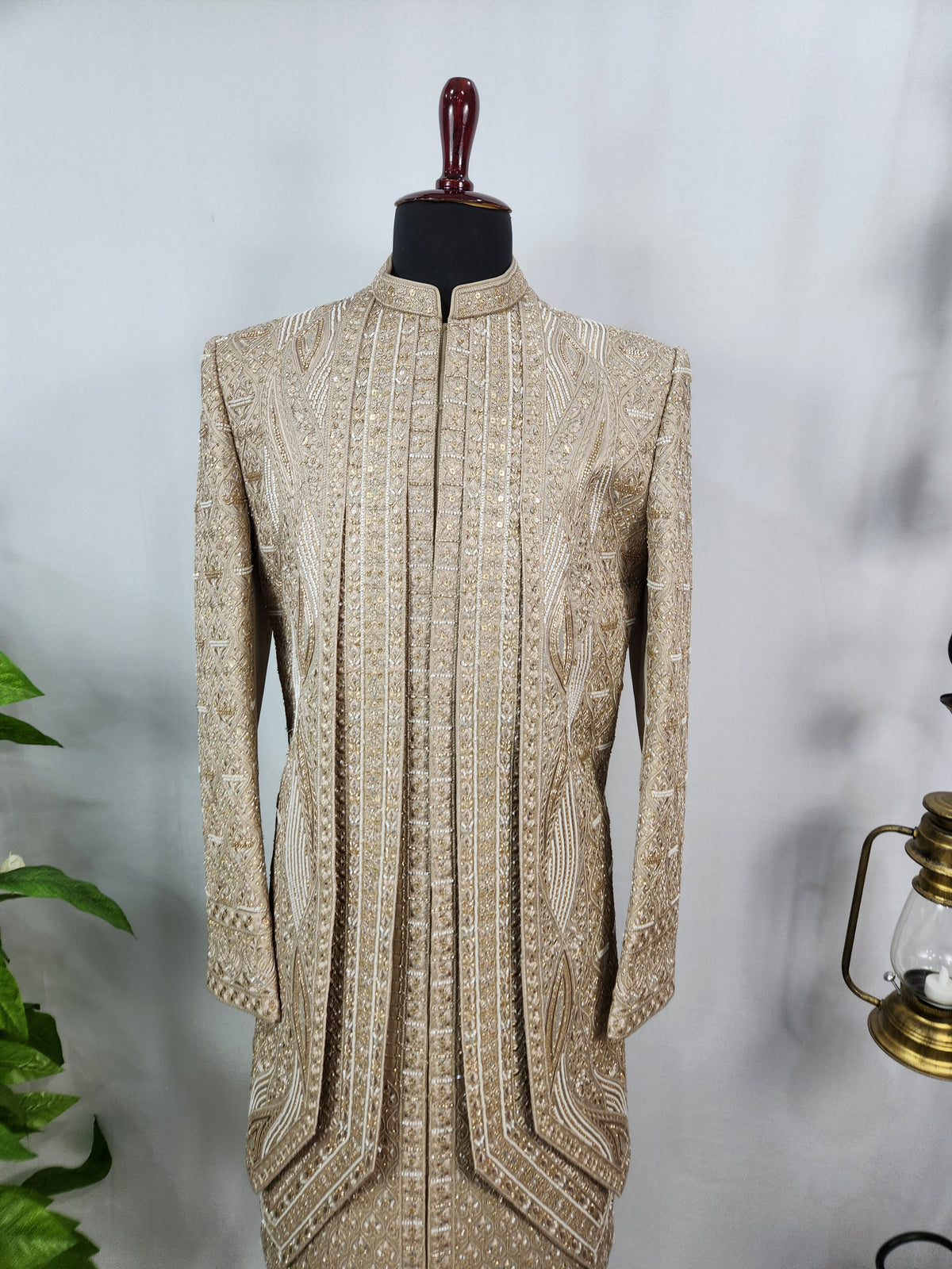 Golden Brown Groom Sherwani - Beads Studded Triple Layered Style | Sherwani For Men