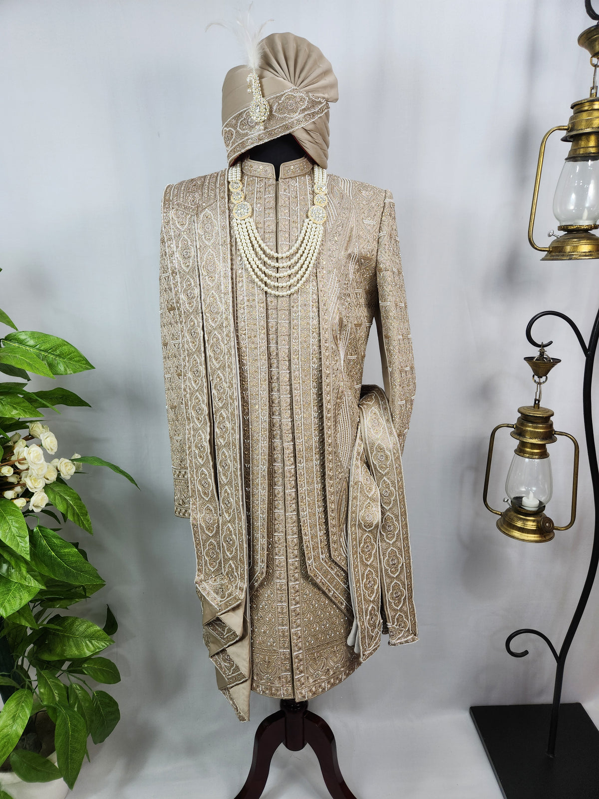 Golden Brown Groom Sherwani - Beads Studded Triple Layered Style | Sherwani For Men