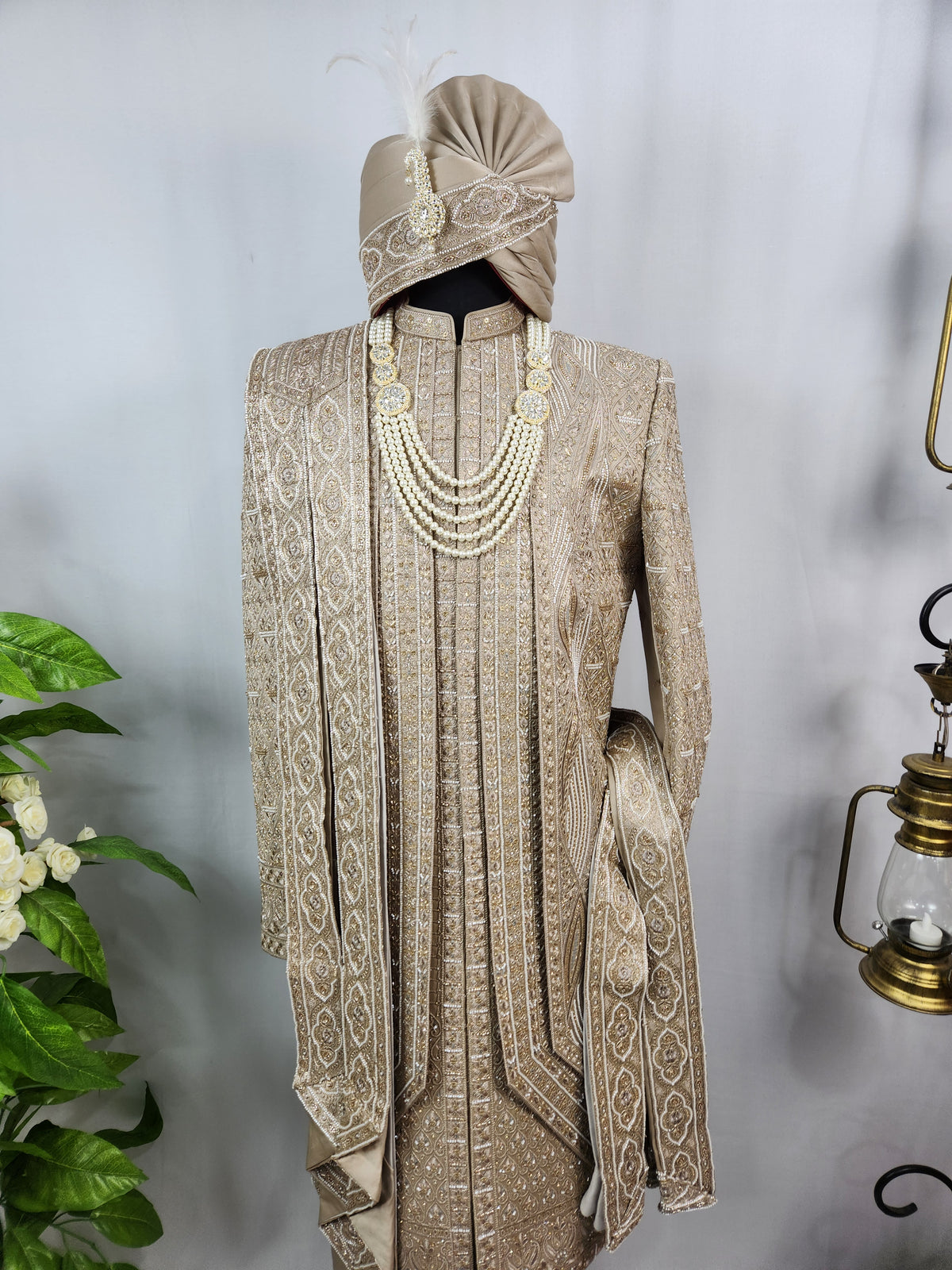 Golden Brown Groom Sherwani - Beads Studded Triple Layered Style | Sherwani For Men