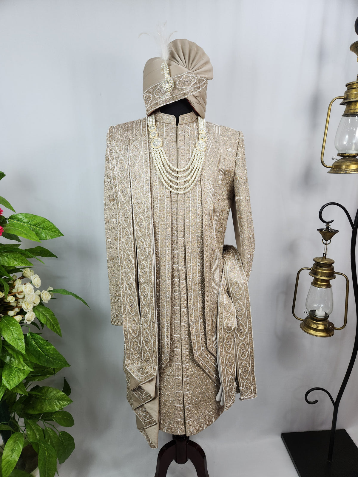 Golden Brown Groom Sherwani - Beads Studded Triple Layered Style | Sherwani For Men