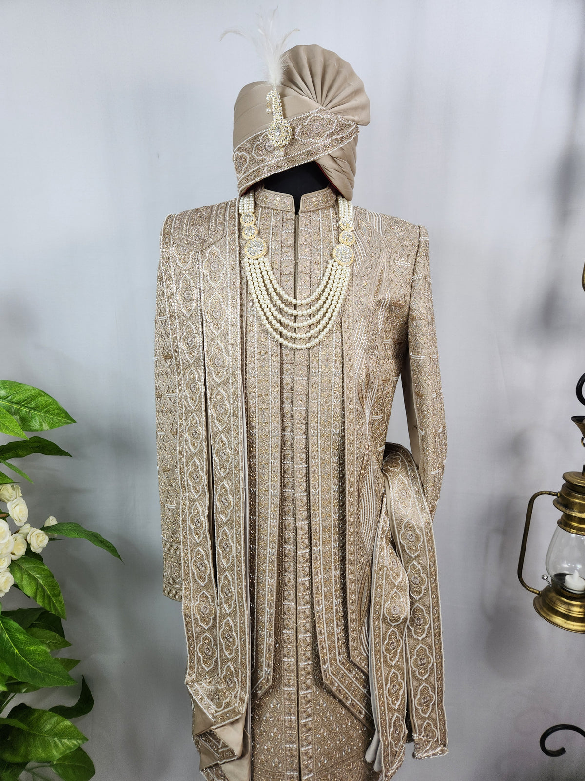 Golden Brown Groom Sherwani - Beads Studded Triple Layered Style | Sherwani For Men