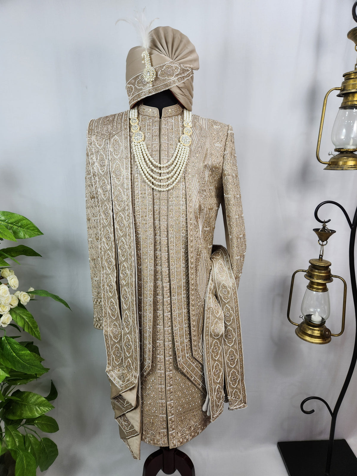 Golden Brown Groom Sherwani - Beads Studded Triple Layered Style | Sherwani For Men
