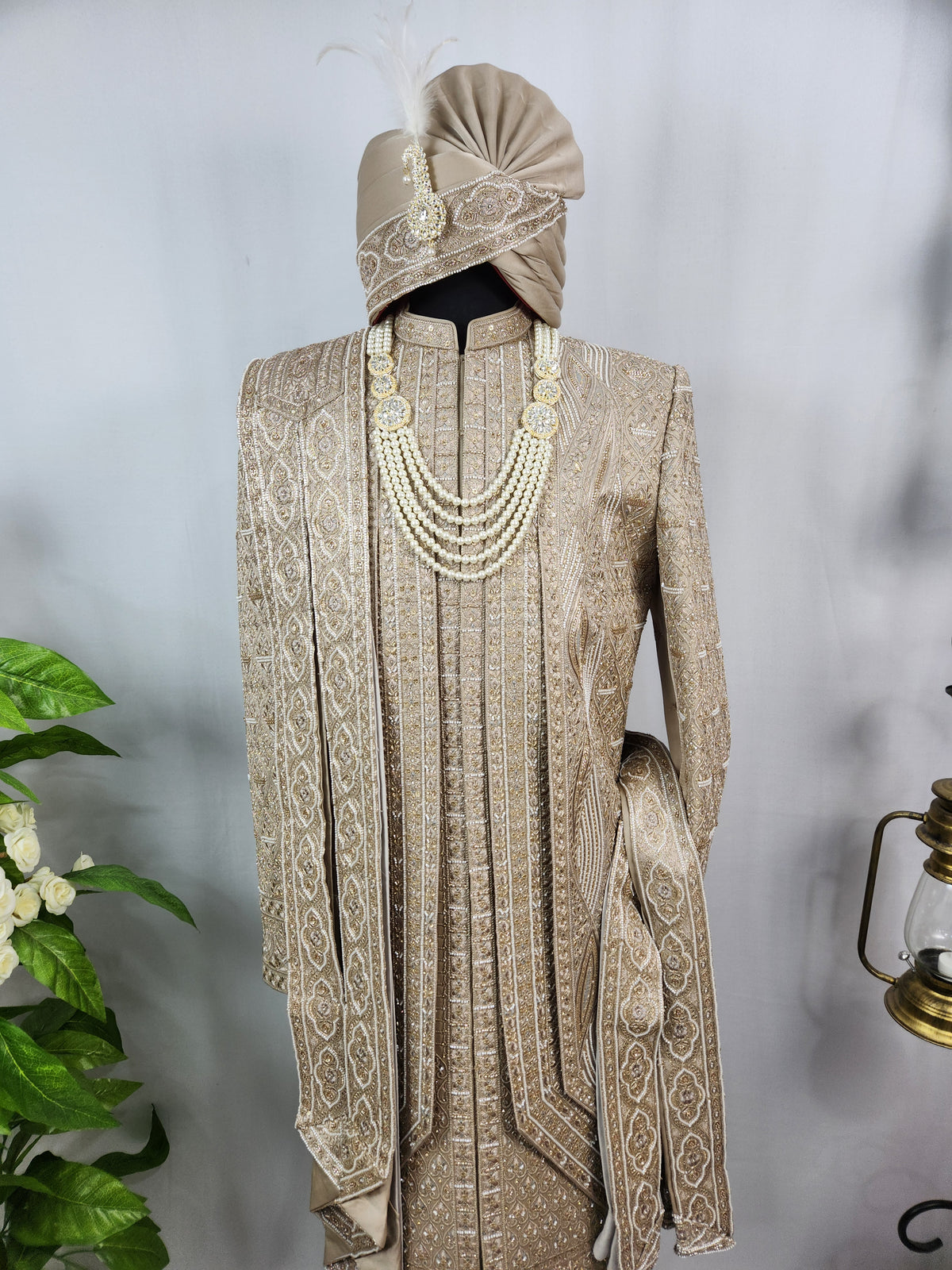 Golden Brown Groom Sherwani - Beads Studded Triple Layered Style | Sherwani For Men