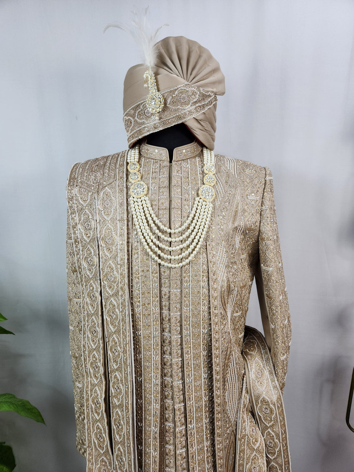 Golden Brown Groom Sherwani - Beads Studded Triple Layered Style | Sherwani For Men