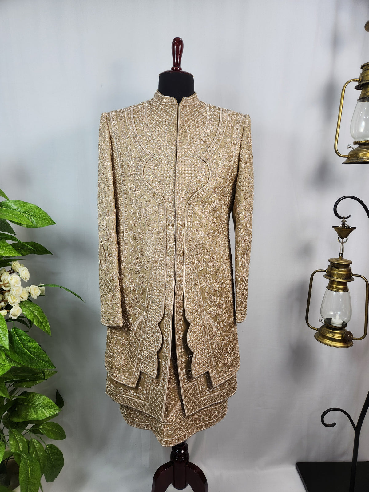 Golden Brown Groom Sherwani - Beads Studded Triple Layered Kurta Style | Sherwani For Men