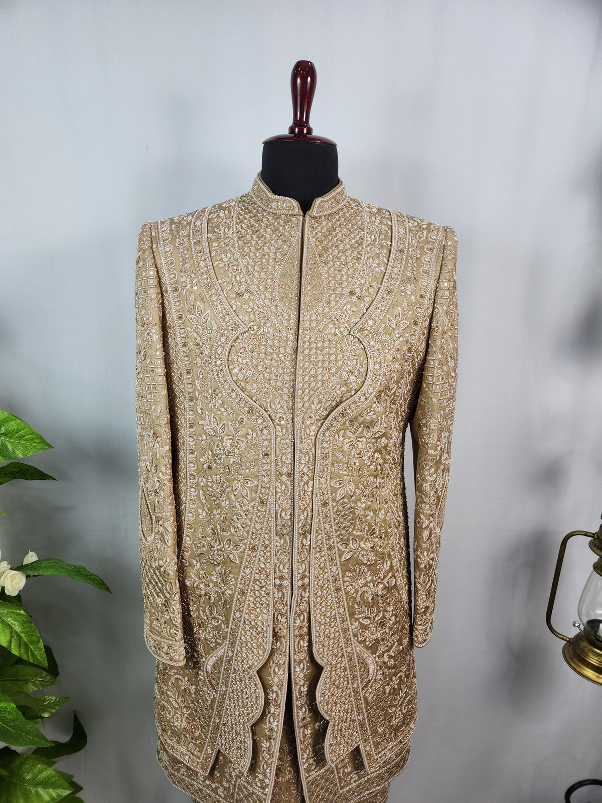 Golden Brown Groom Sherwani - Beads Studded Triple Layered Kurta Style | Sherwani For Men