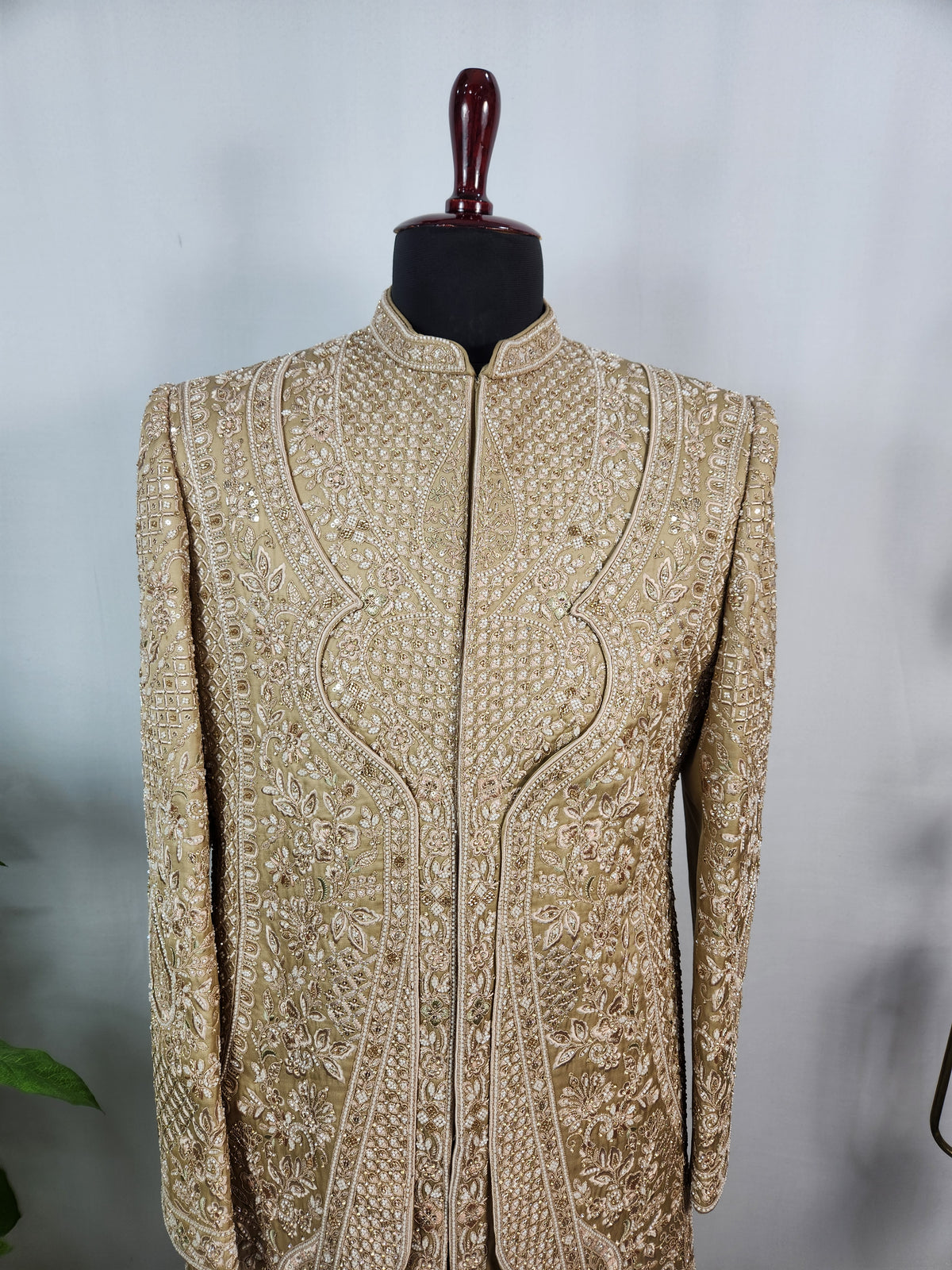 Golden Brown Groom Sherwani - Beads Studded Triple Layered Kurta Style | Sherwani For Men