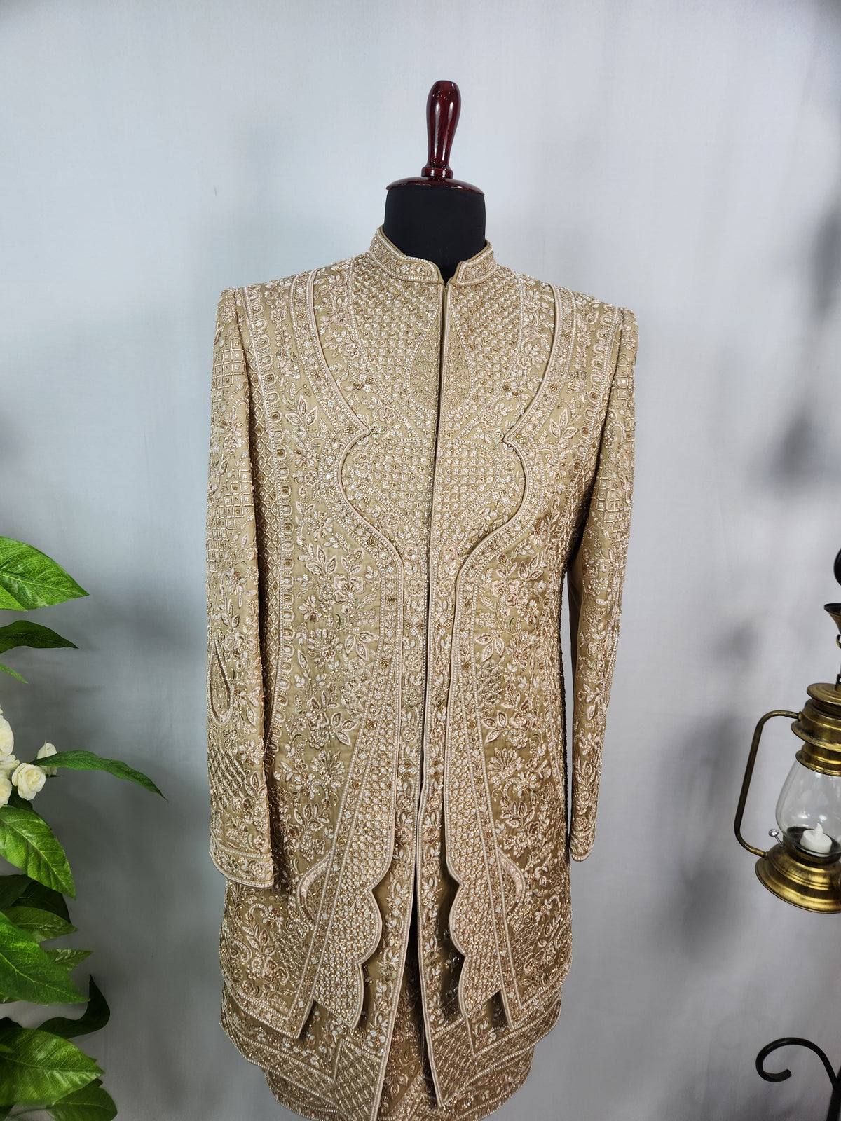 Golden Brown Groom Sherwani - Beads Studded Triple Layered Kurta Style | Sherwani For Men