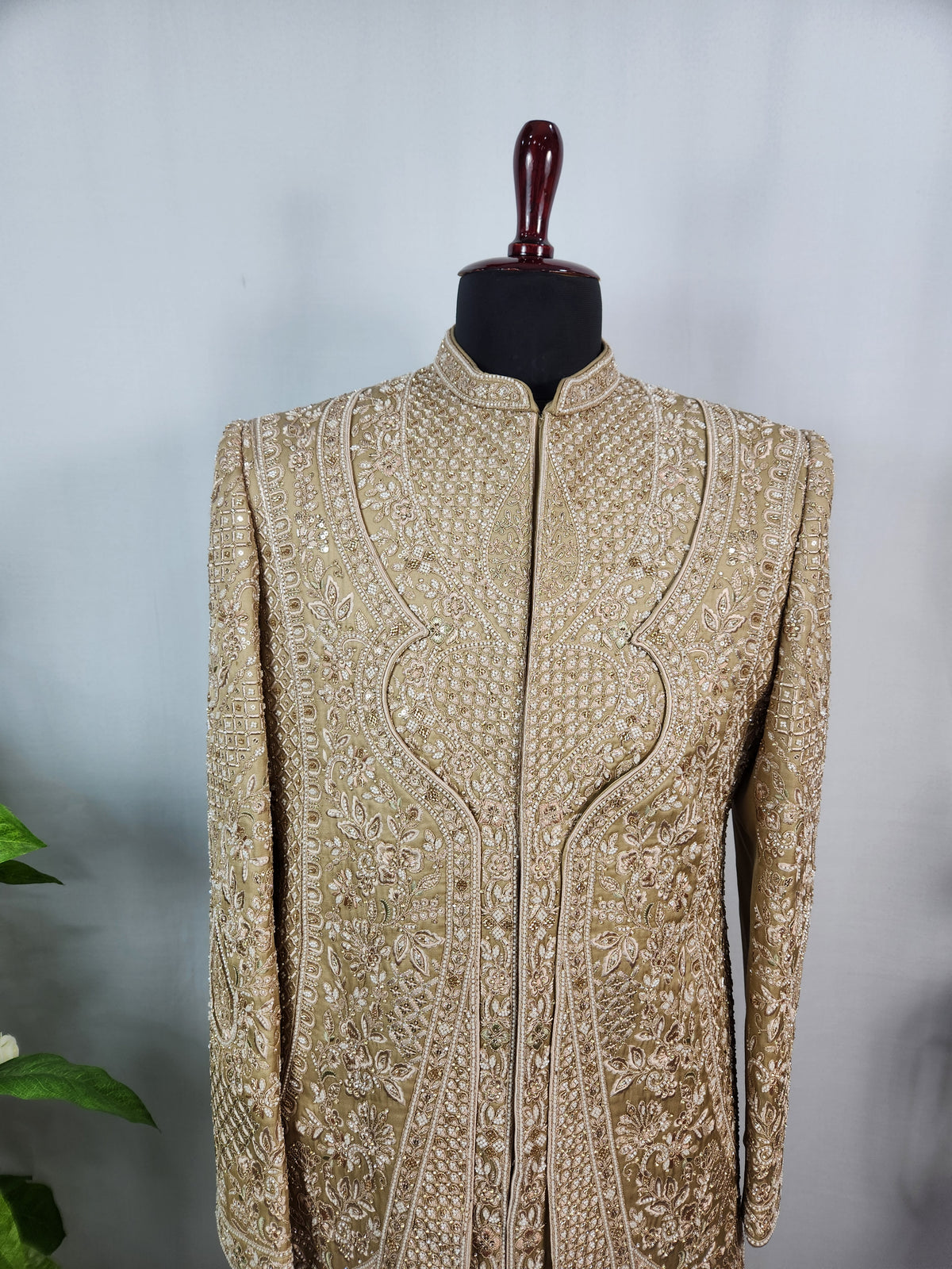 Golden Brown Groom Sherwani - Beads Studded Triple Layered Kurta Style | Sherwani For Men