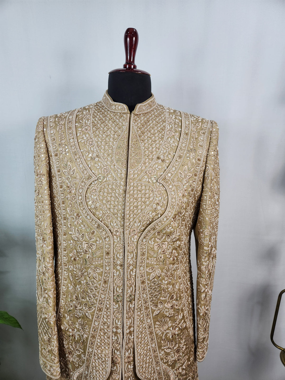 Golden Brown Groom Sherwani - Beads Studded Triple Layered Kurta Style | Sherwani For Men