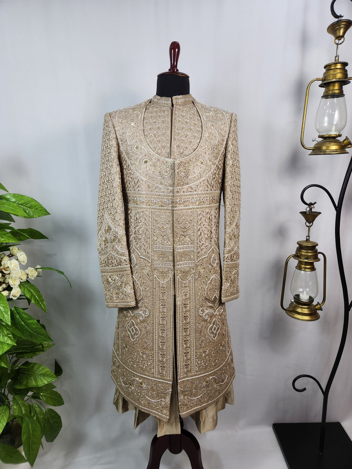 Golden Brown Groom Sherwani - Beads Studded Anarkali Kurta Style | Sherwani For Men