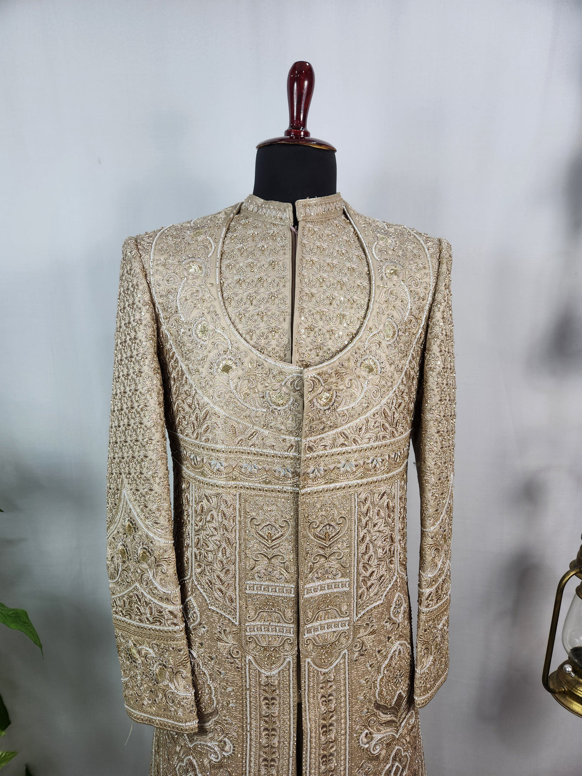 Golden Brown Groom Sherwani - Beads Studded Anarkali Kurta Style | Sherwani For Men