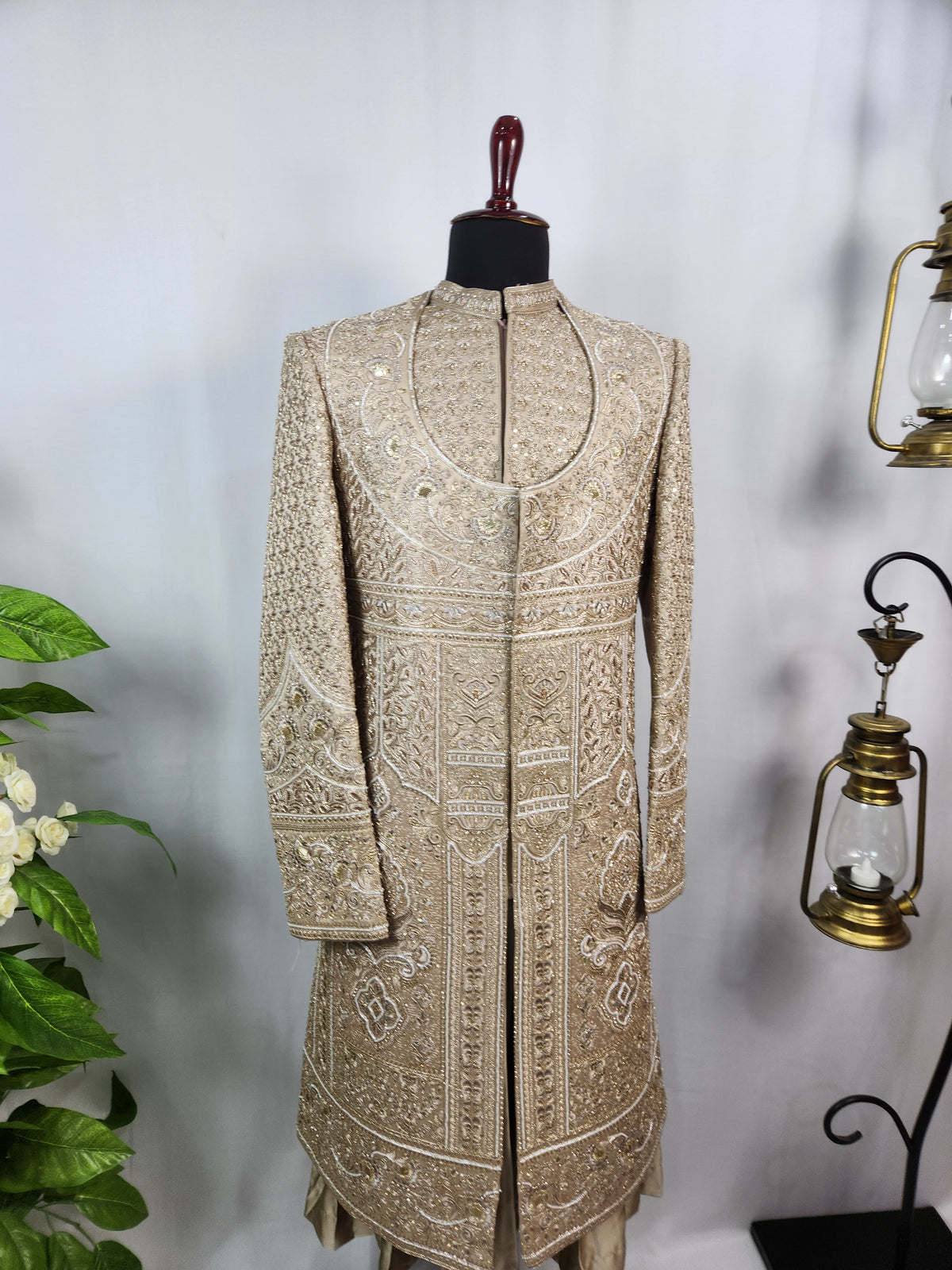 Golden Brown Groom Sherwani - Beads Studded Anarkali Kurta Style | Sherwani For Men