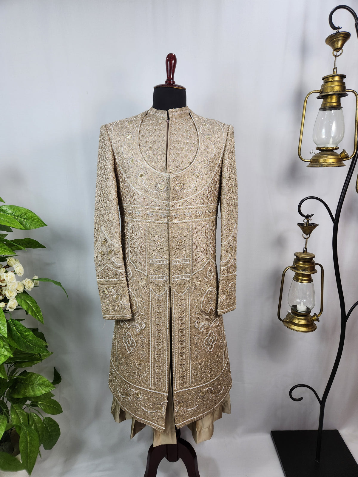 Golden Brown Groom Sherwani - Beads Studded Anarkali Kurta Style | Sherwani For Men