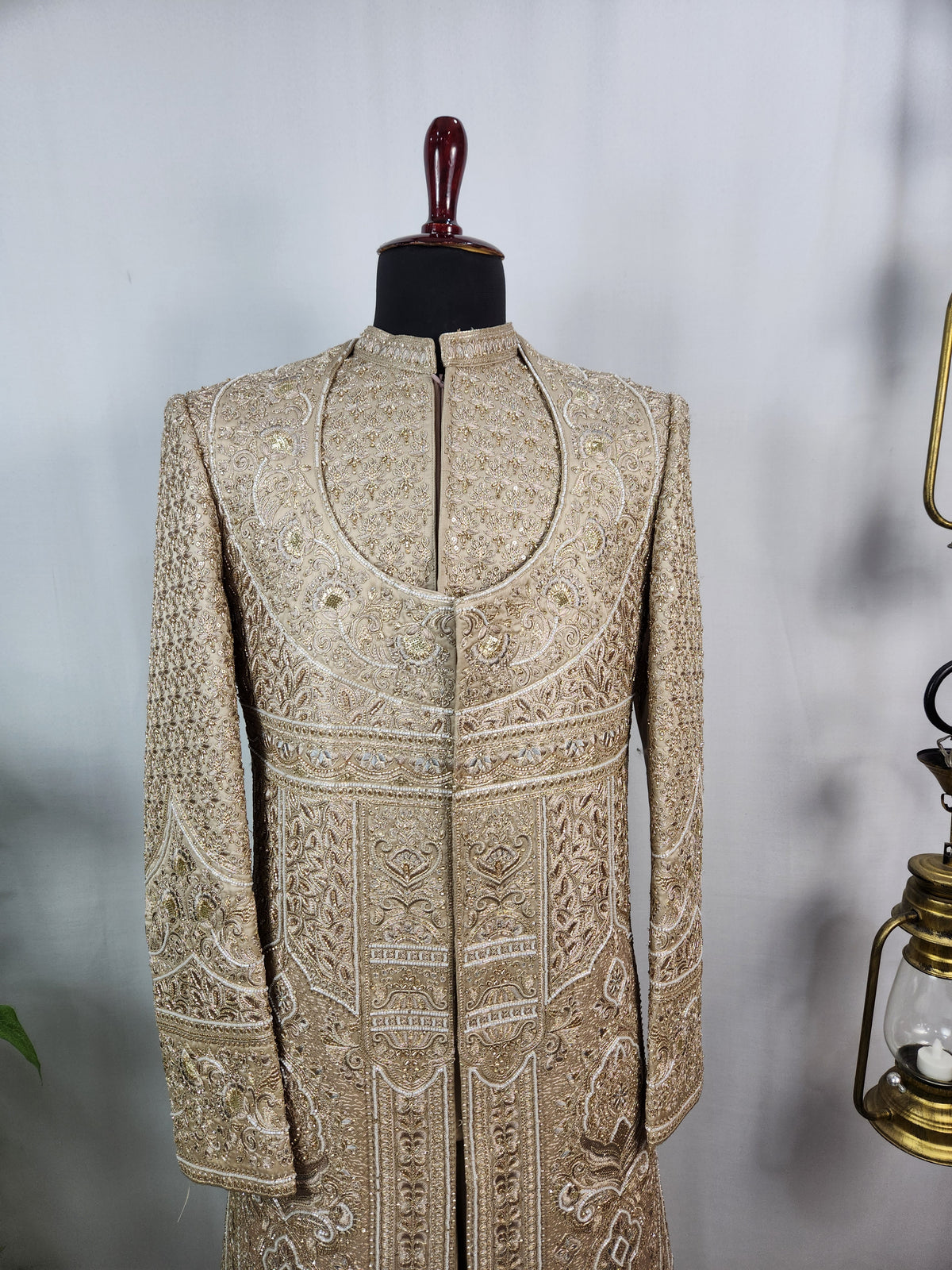 Golden Brown Groom Sherwani - Beads Studded Anarkali Kurta Style | Sherwani For Men