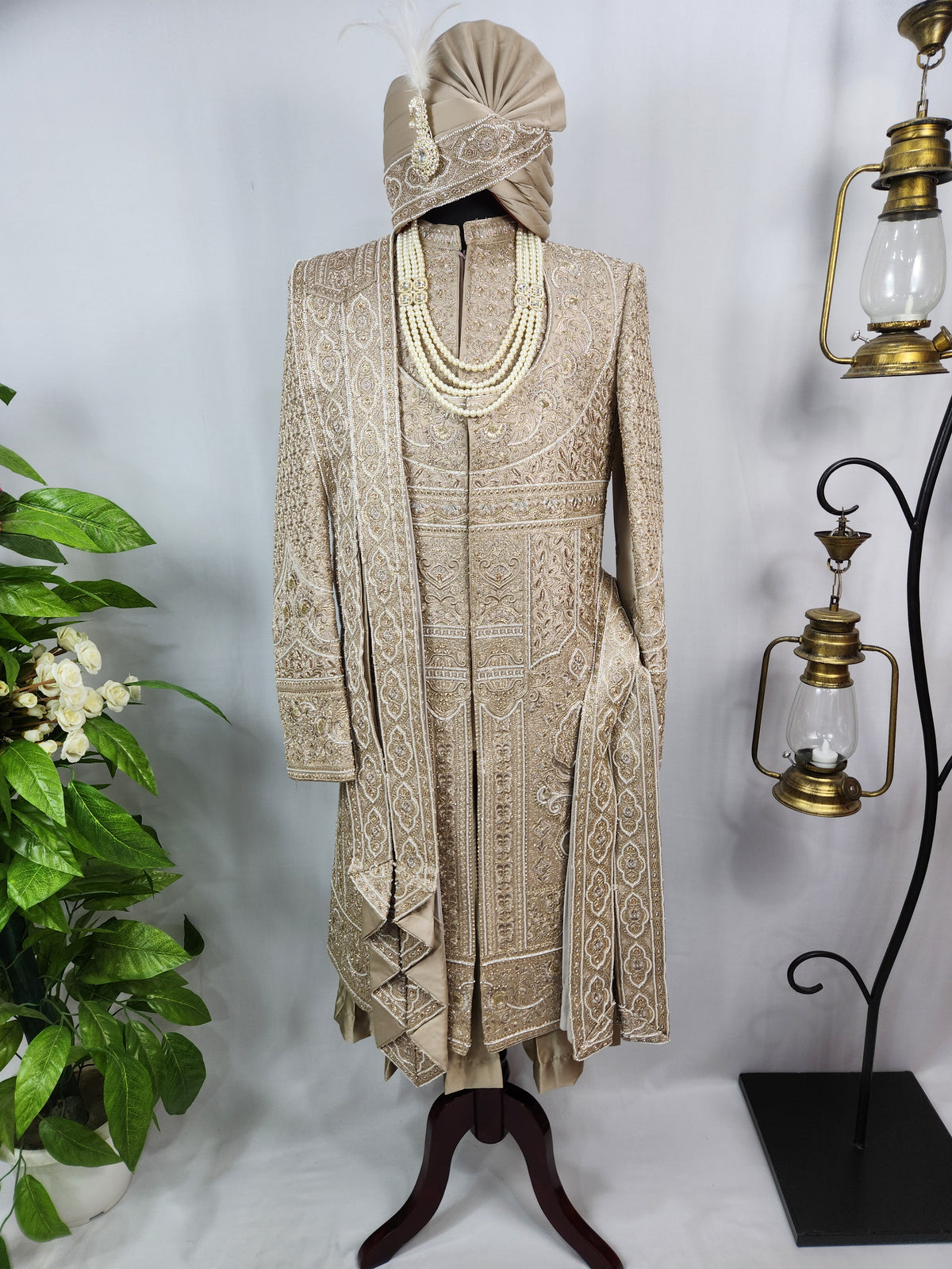 Golden Brown Groom Sherwani - Beads Studded Anarkali Kurta Style | Sherwani For Men