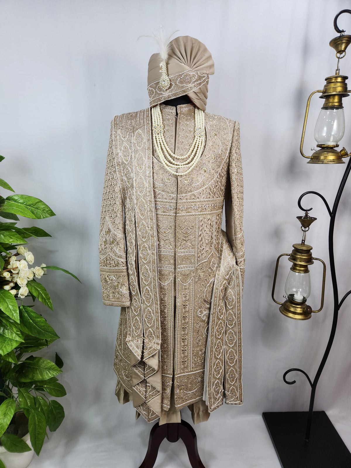 Golden Brown Groom Sherwani - Beads Studded Anarkali Kurta Style | Sherwani For Men