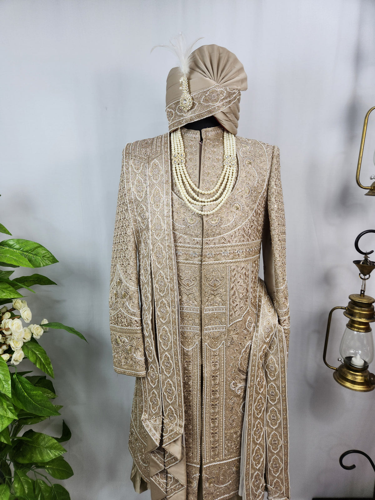 Golden Brown Groom Sherwani - Beads Studded Anarkali Kurta Style | Sherwani For Men