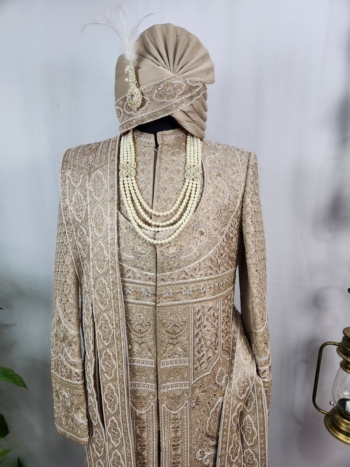 Golden Brown Groom Sherwani - Beads Studded Anarkali Kurta Style | Sherwani For Men