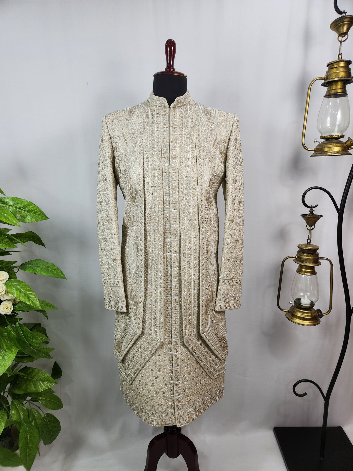 Champagne Golden Wedding Groom Sherwani - Beads Studded Triple Layered Design | Sherwani For Men