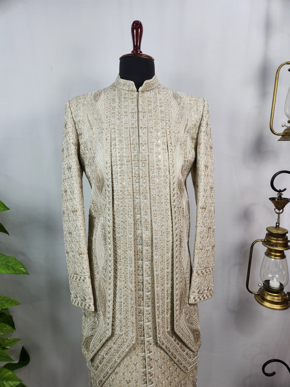 Champagne Golden Wedding Groom Sherwani - Beads Studded Triple Layered Design | Sherwani For Men