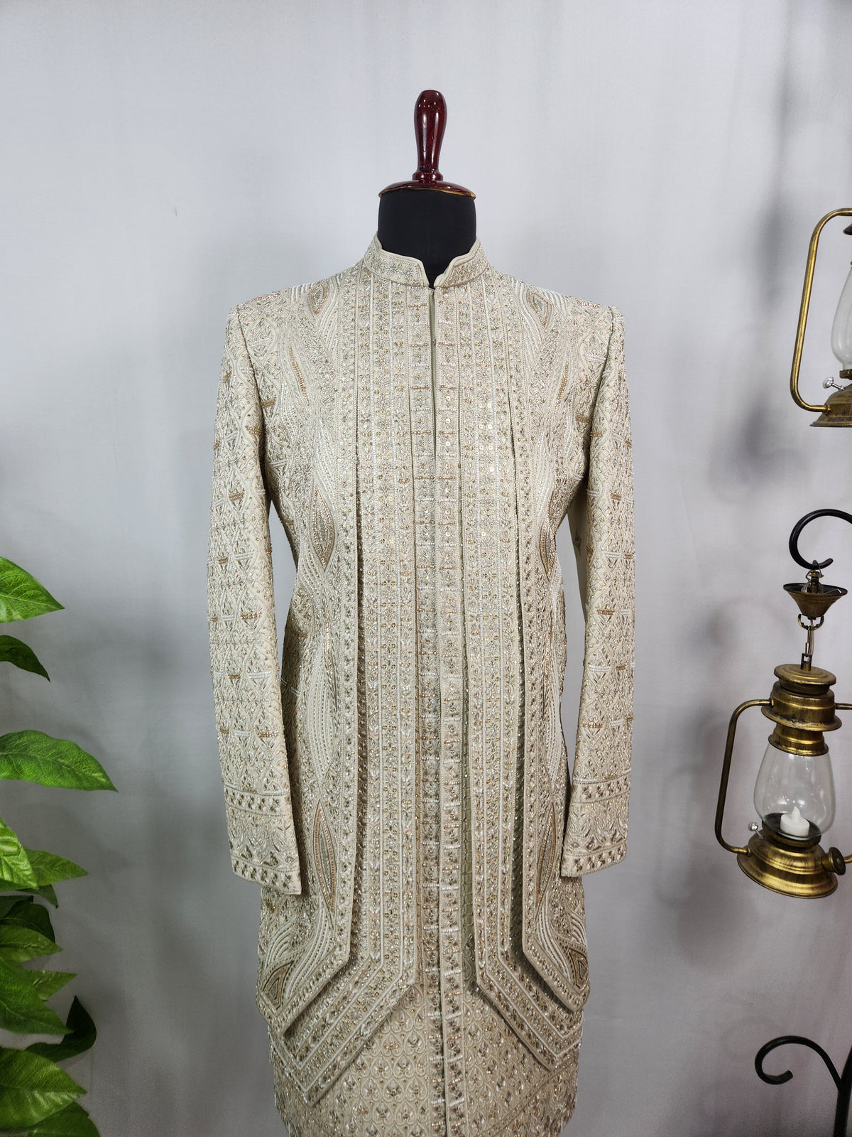 Champagne Golden Wedding Groom Sherwani - Beads Studded Triple Layered Design | Sherwani For Men
