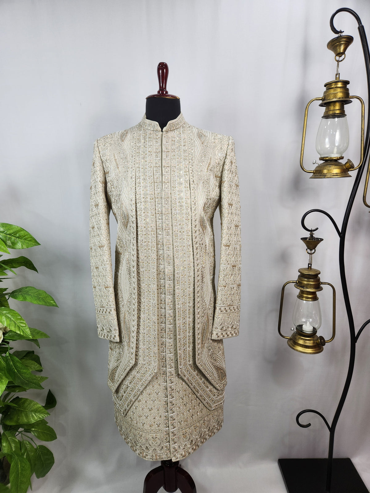 Champagne Golden Wedding Groom Sherwani - Beads Studded Triple Layered Design | Sherwani For Men
