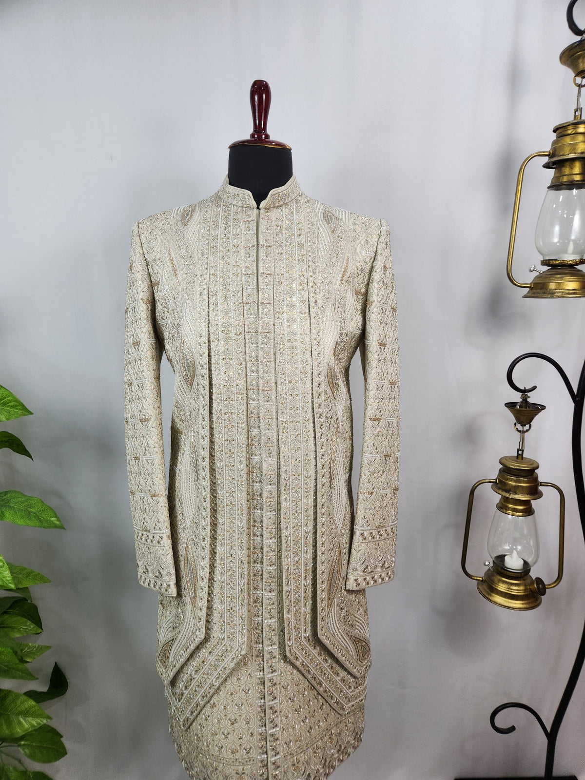 Champagne Golden Wedding Groom Sherwani - Beads Studded Triple Layered Design | Sherwani For Men
