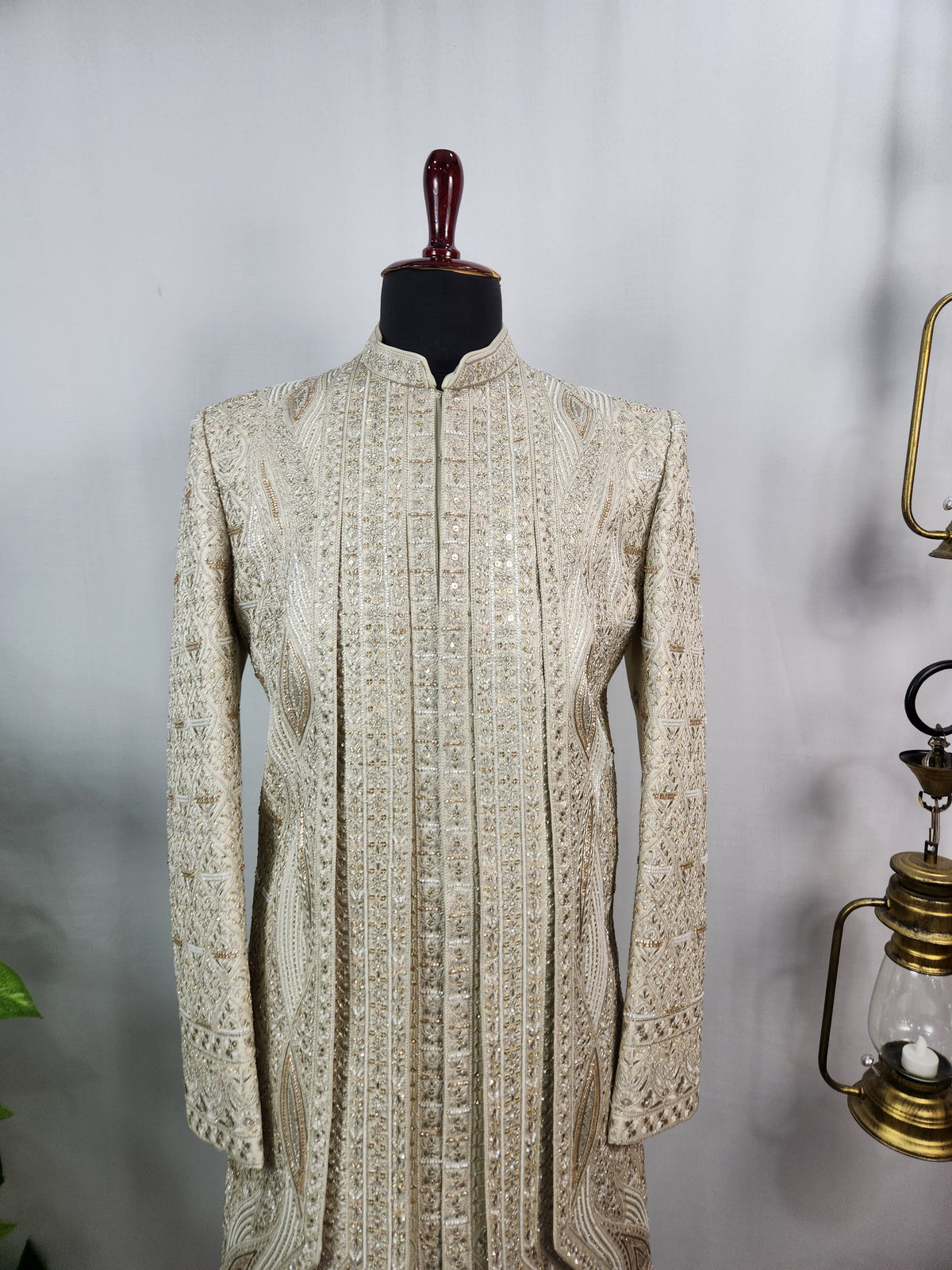 Champagne Golden Wedding Groom Sherwani - Beads Studded Triple Layered Design | Sherwani For Men