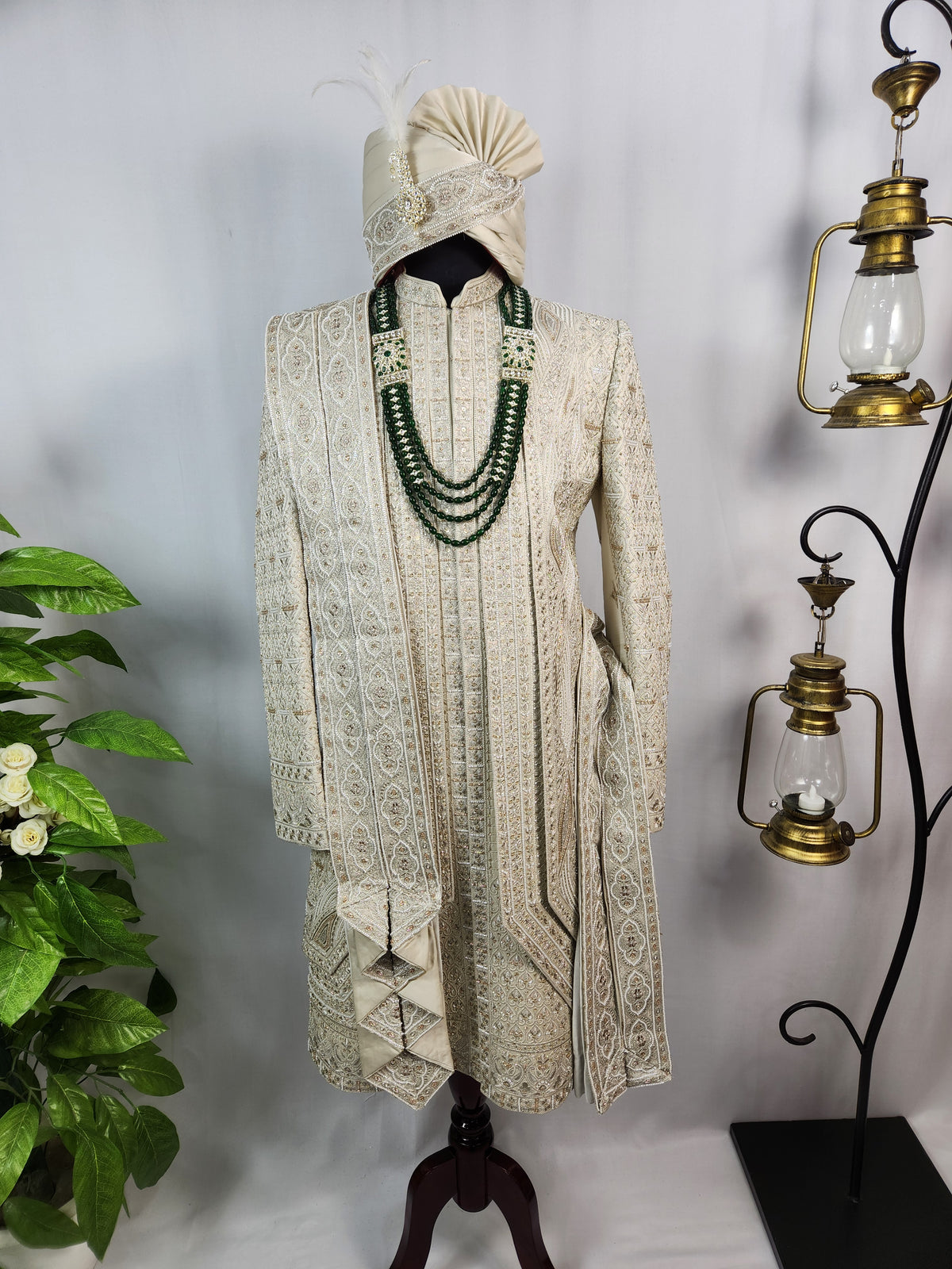 Champagne Golden Wedding Groom Sherwani - Beads Studded Triple Layered Design | Sherwani For Men